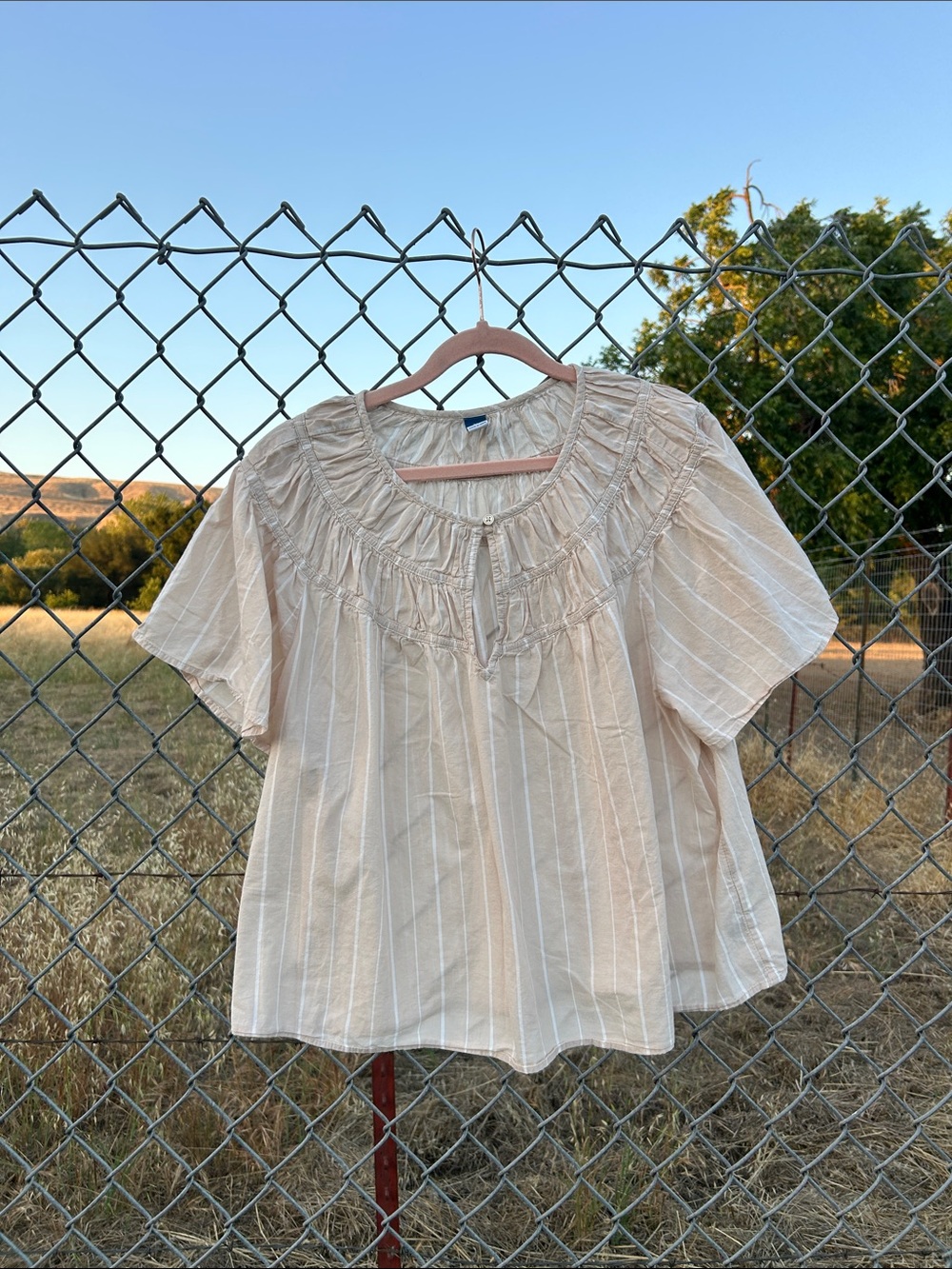 Old Navy Cream and light Tan Striped Ruffle-Yoke Blouse